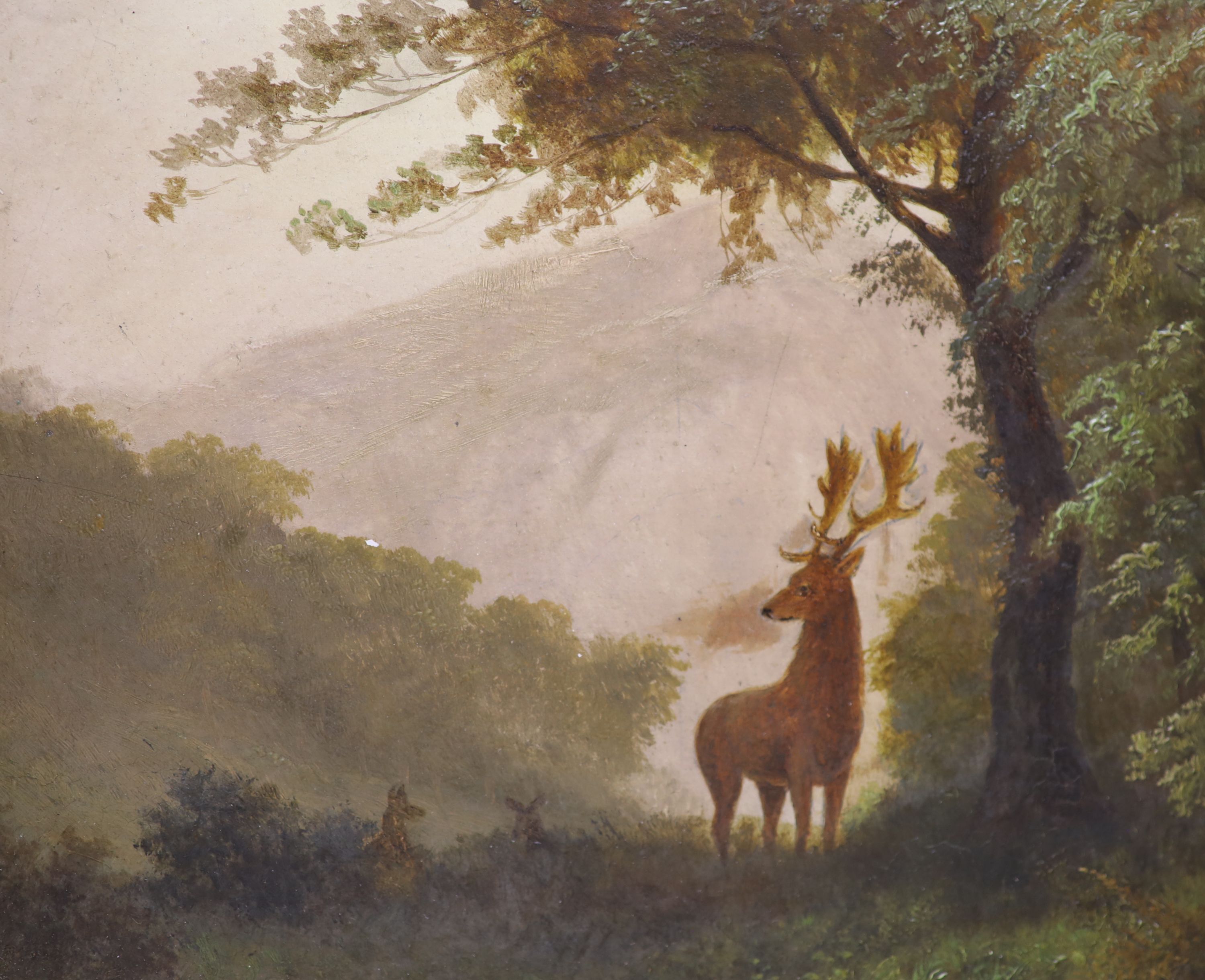 Manner of Nils Christiansen, oil on board, Stag in woodland, 14 x 17cm